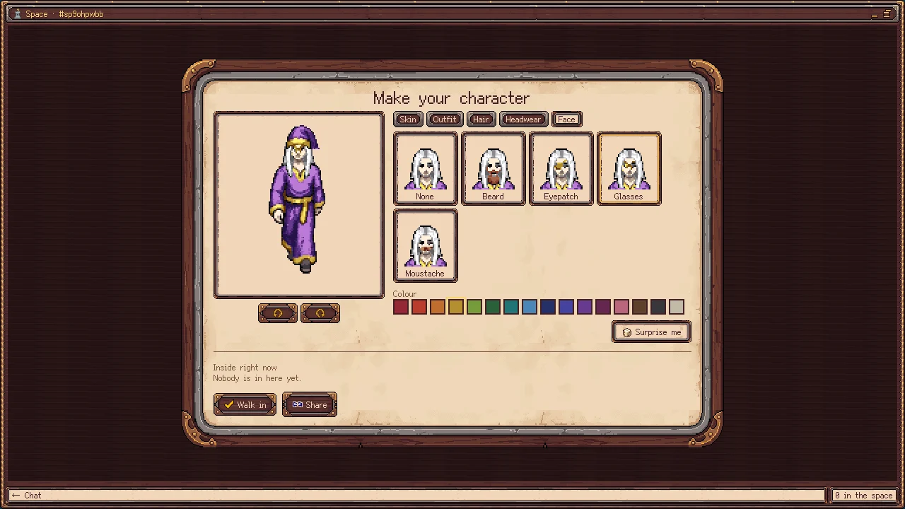 The character creator, with a wizard in a violet robe